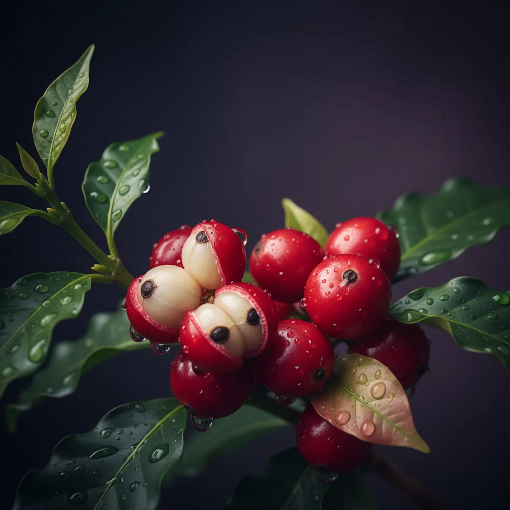 Close-up macro photo of fresh guarana berries and green coffee plant branches