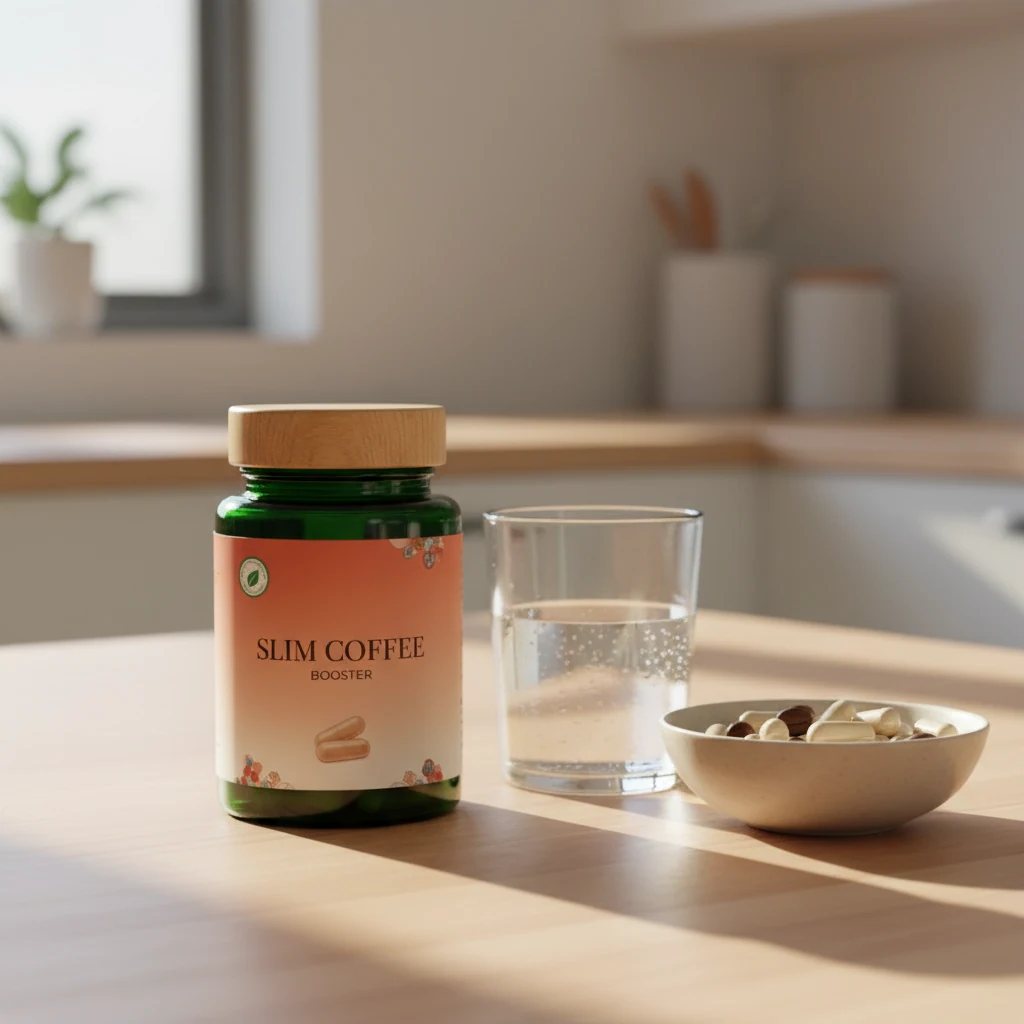 Slim Coffee Booster box on a marble kitchen countertop beside a white ceramic coffee cup